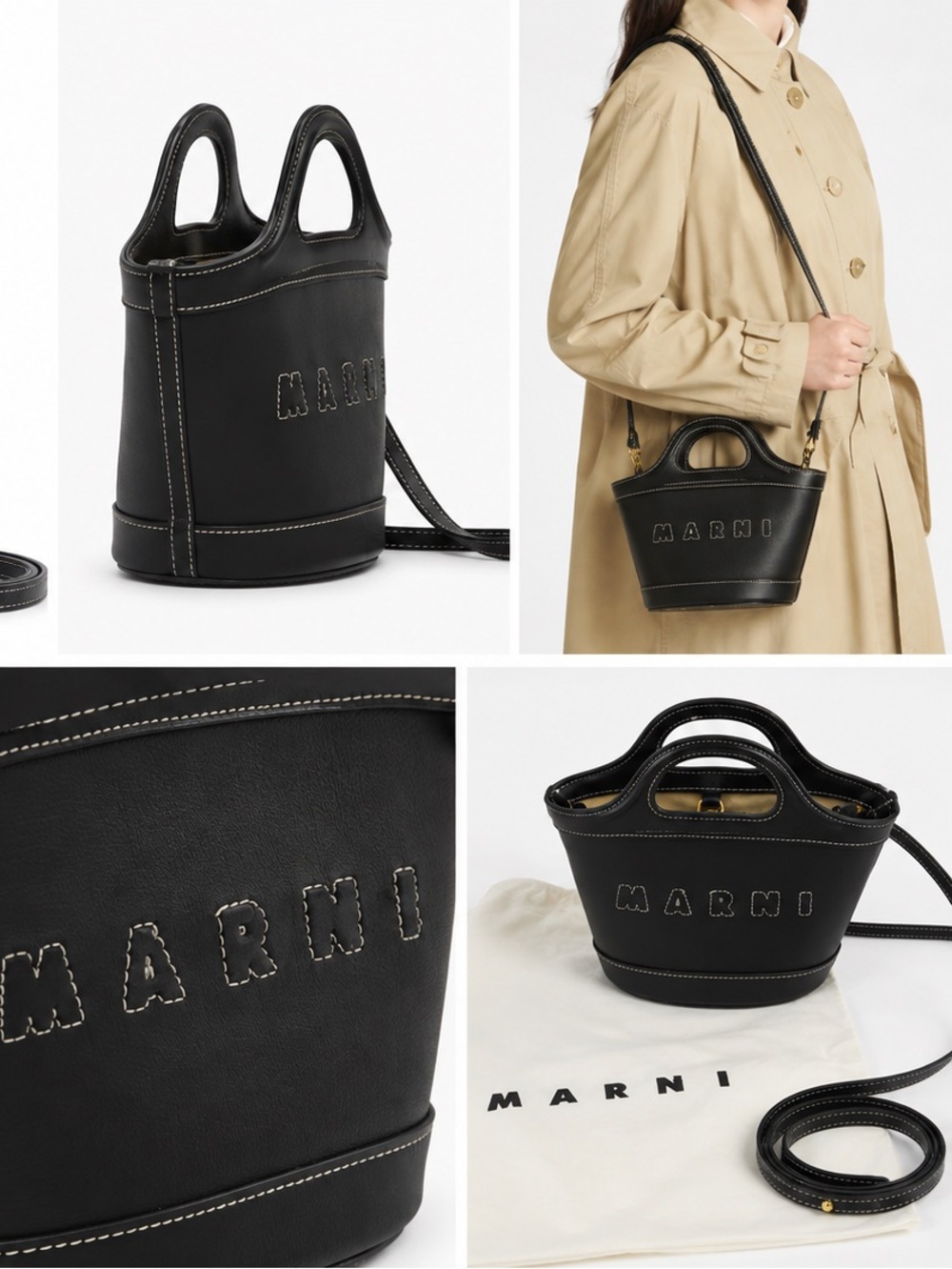 Marni Black Leather Mini Bucket Wristlet with Contrast Stitching